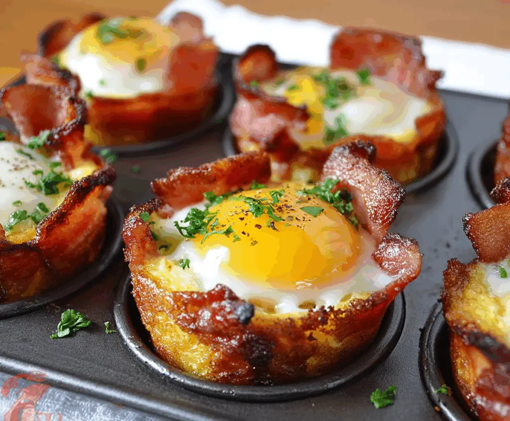 Bacon and egg breakfast cups served in a baking dish for a hearty morning meal