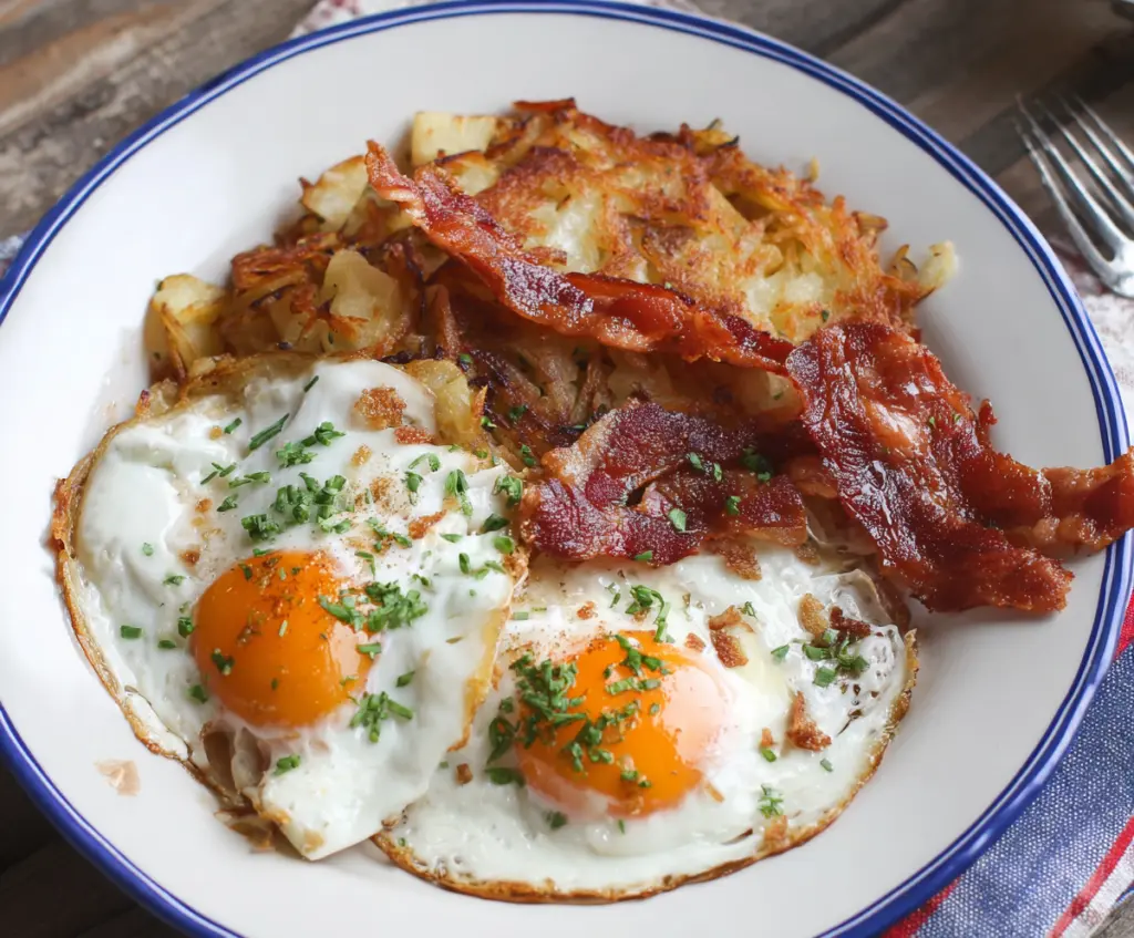 Savory bacon hash browns with eggs on a breakfast plate, perfect for a hearty morning meal