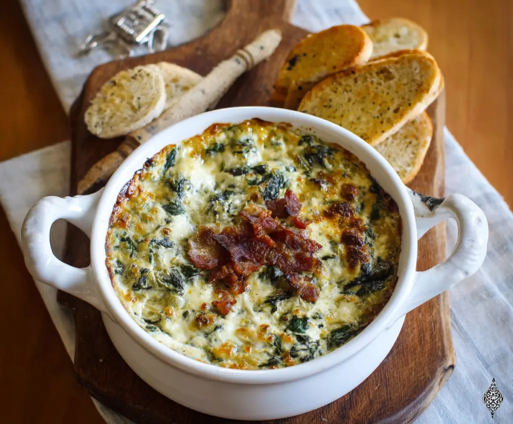 Creamy bacon spinach artichoke dip served in a bowl, perfect for appetizers.