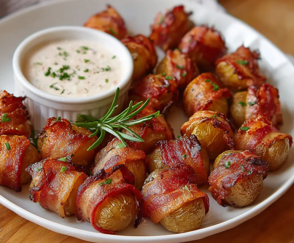 Crispy bacon-wrapped potato bites served on a white platter, perfect as appetizers or snacks.