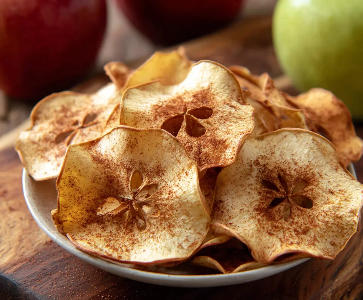 Delicious homemade baked apple chips on a plate, healthy snack option