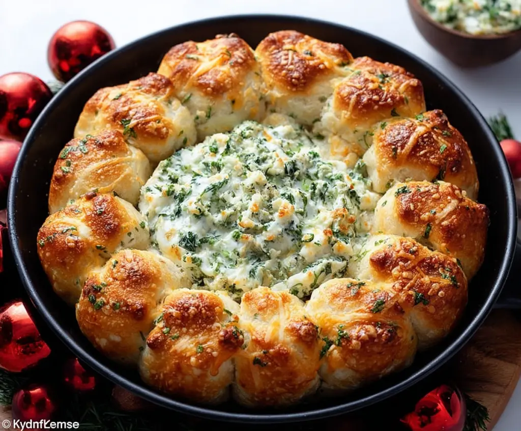 Delicious baked biscuit wreath dip garnished with herbs, perfect for parties and gatherings.