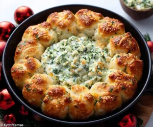 Delicious baked biscuit wreath dip garnished with herbs, perfect for parties and gatherings.