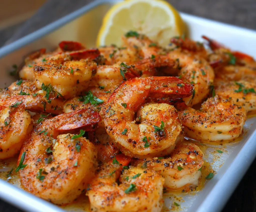 Delicious Baked Cajun Shrimp served on a plate with lemon wedges and fresh herbs
