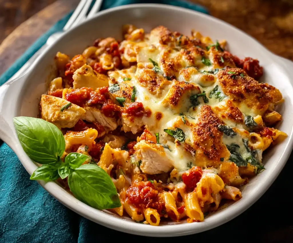 Delicious baked chicken mozzarella pasta dish with melted cheese and fresh herbs