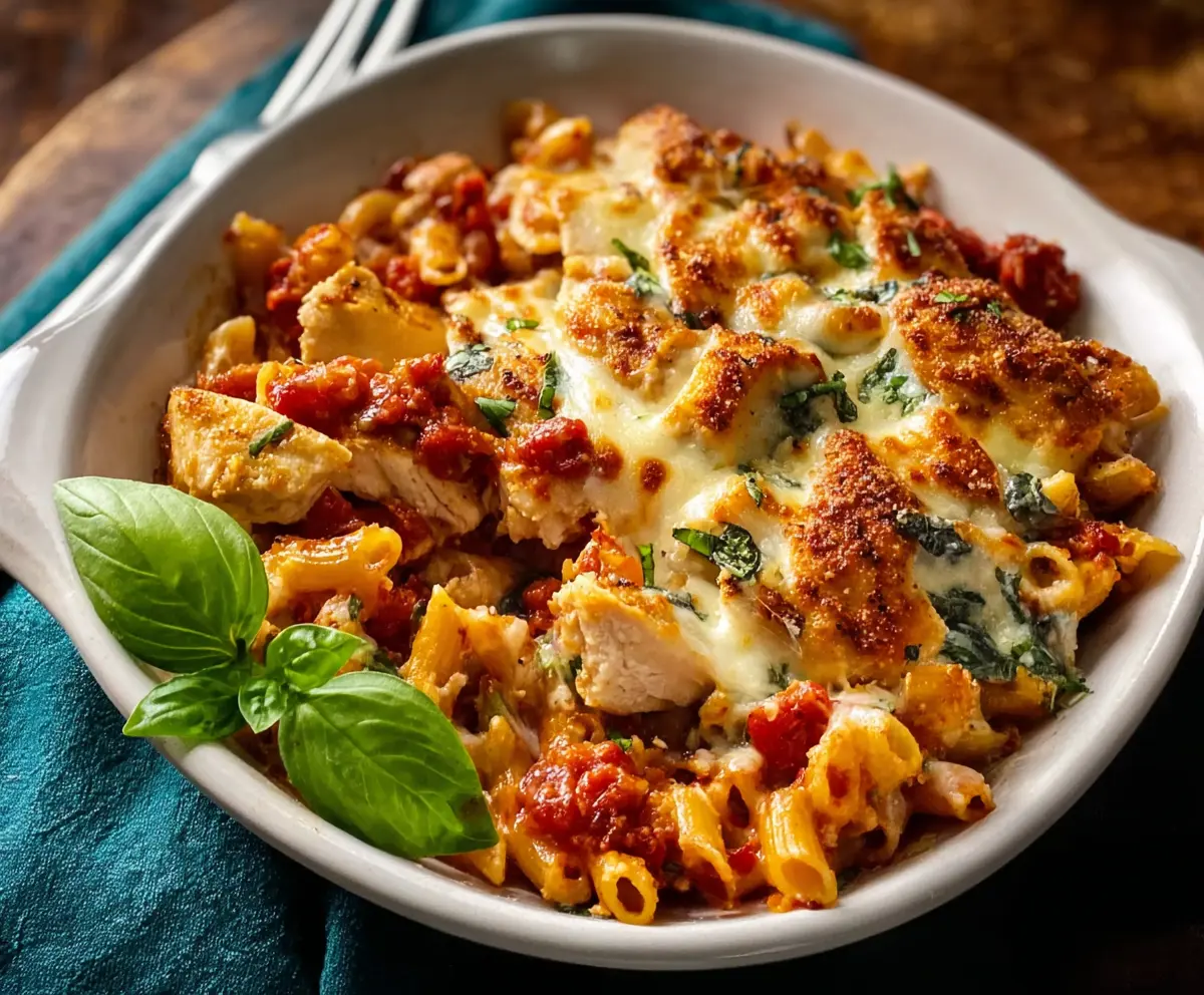 Delicious baked chicken mozzarella pasta dish with melted cheese and fresh herbs