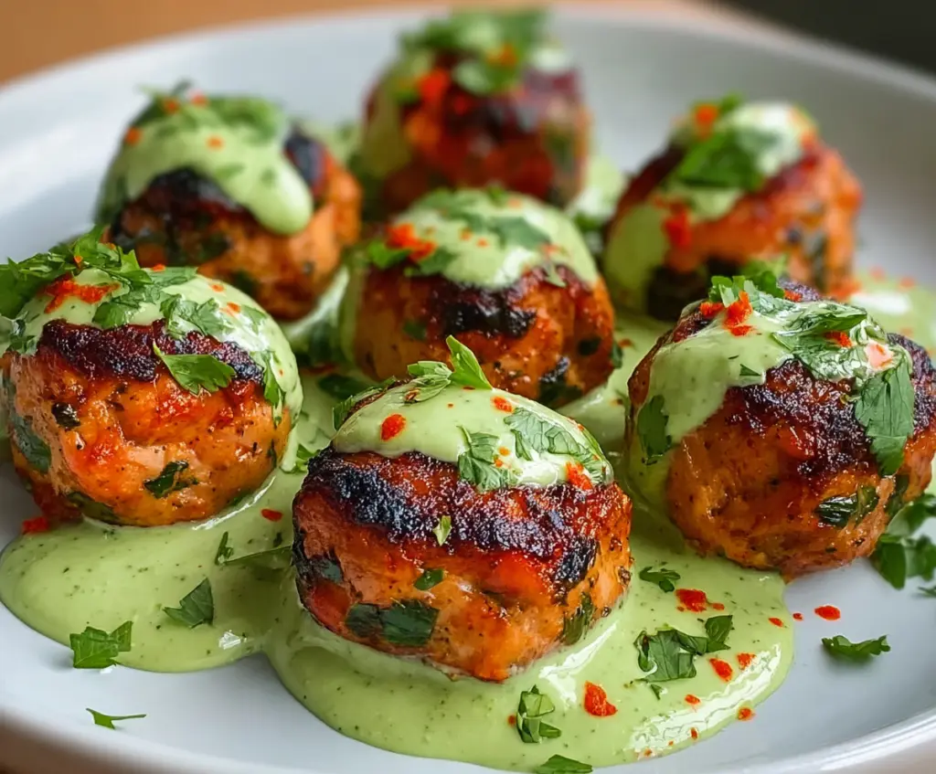 Delicious baked salmon meatballs served with a tangy avocado sauce in a stylish dish.