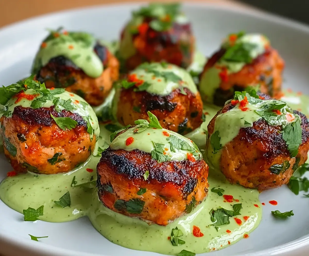 Delicious baked salmon meatballs served with a tangy avocado sauce in a stylish dish.