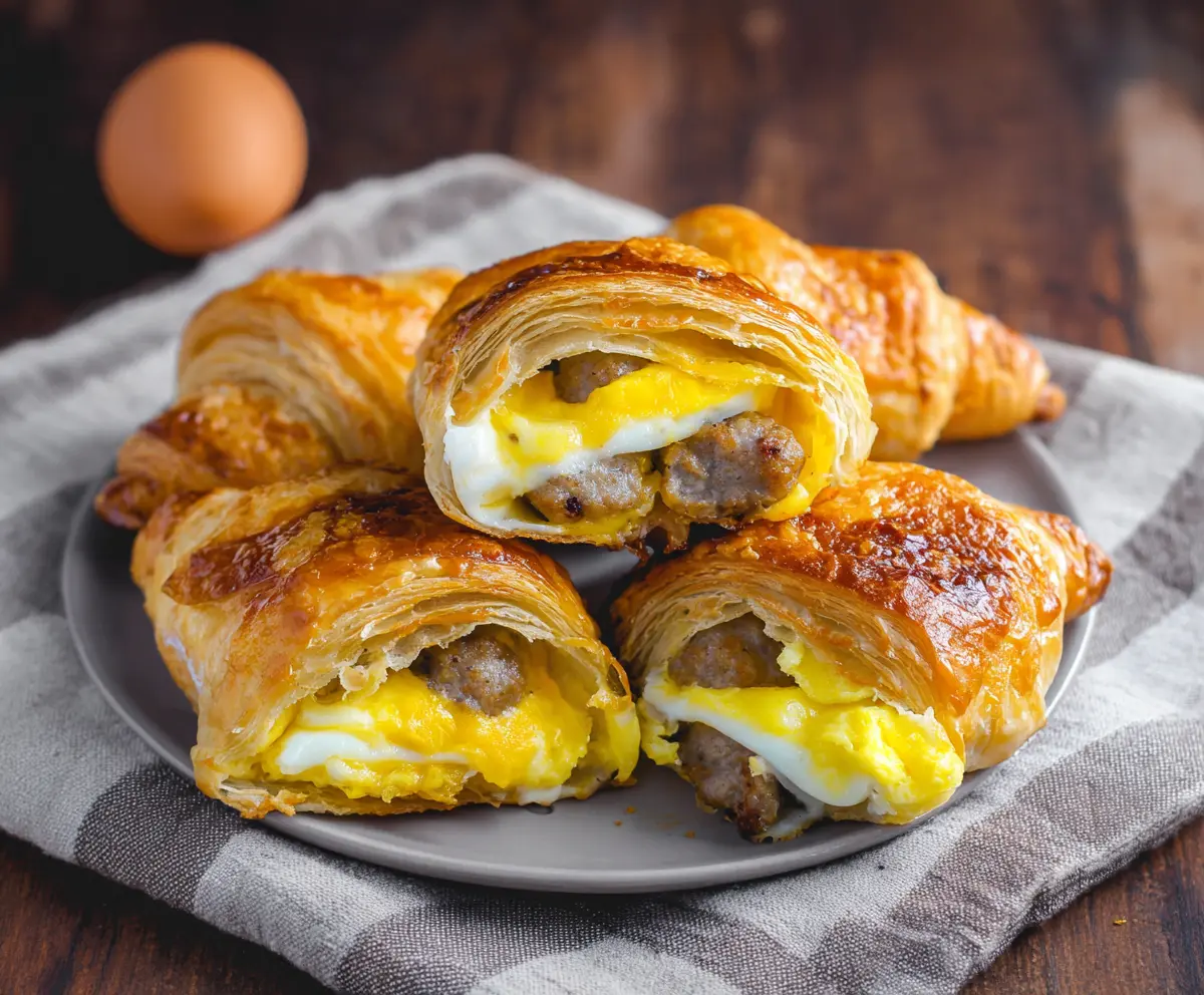 Delicious baked sausage, egg, and cheese croissant on a plate for breakfast.