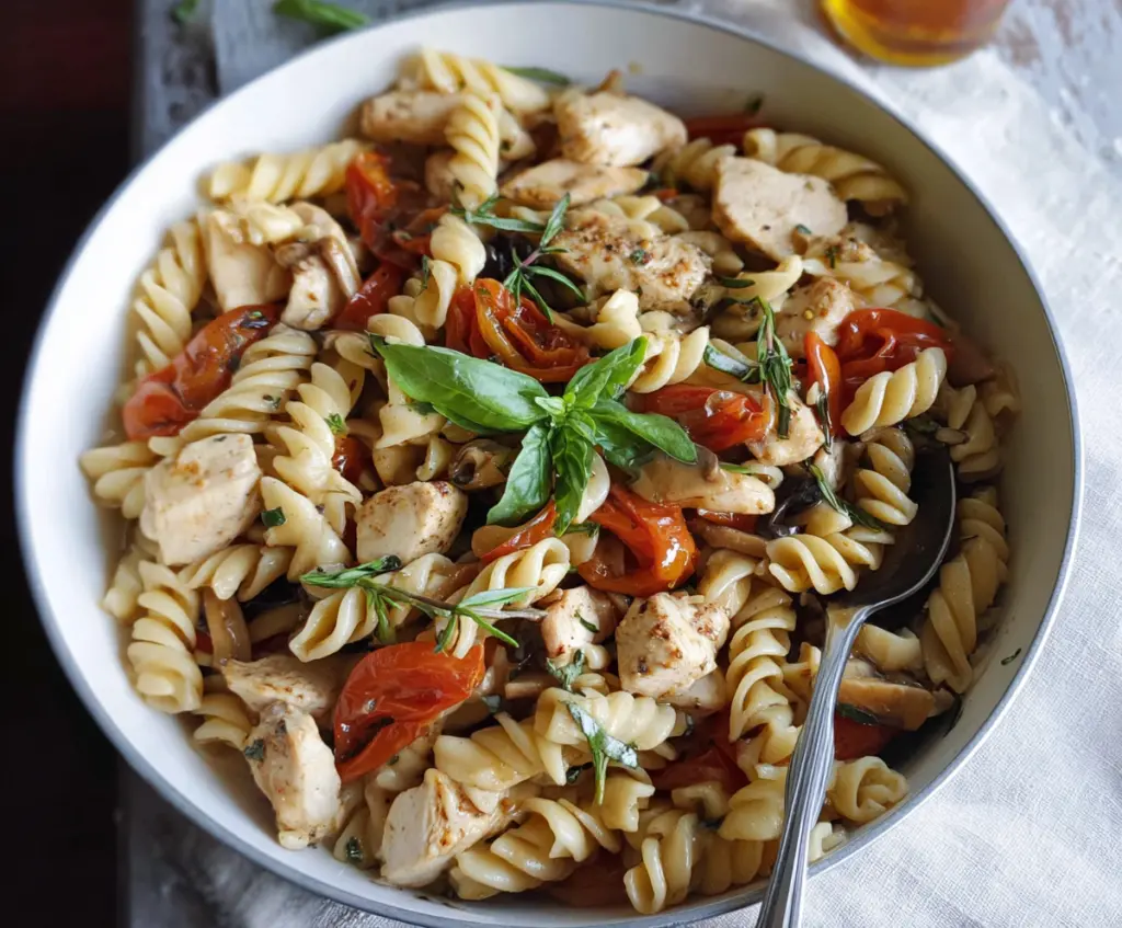 Delicious balsamic chicken pasta dish with tender grilled chicken and pasta topped with balsamic glaze
