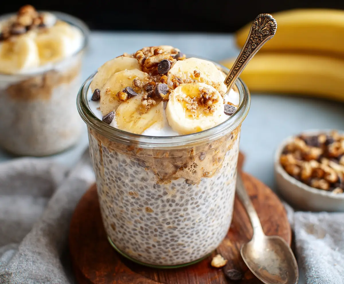 Healthy Banana Chia Overnight Oats in a jar with sliced bananas and chia seeds on top.