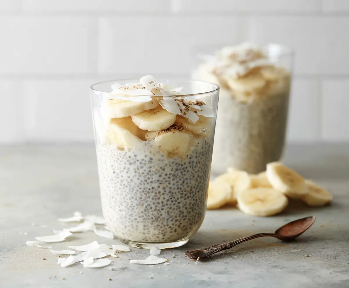 Creamy banana and coconut milk chia seed pudding topped with fresh fruit for a healthy snack.