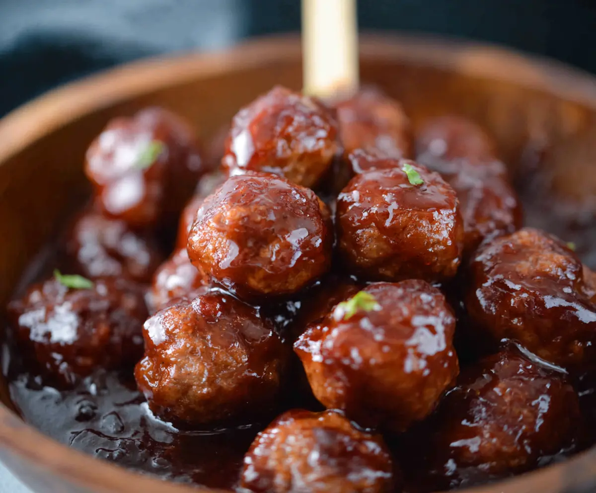 Delicious BBQ grape jelly meatballs served on a platter, perfect for a party appetizer.