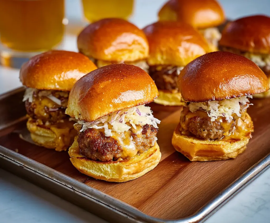 Delicious Beer Brat Sliders with melted cheese and fresh buns for a flavorful appetizer.