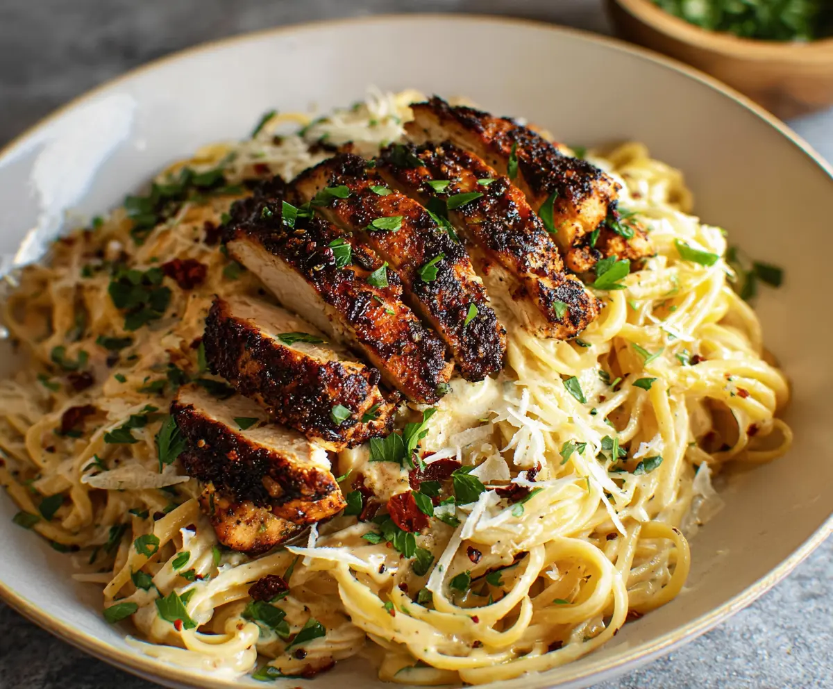 Creamy blackened chicken pasta dish with seasoned grilled chicken slices and pasta in a savory sauce.