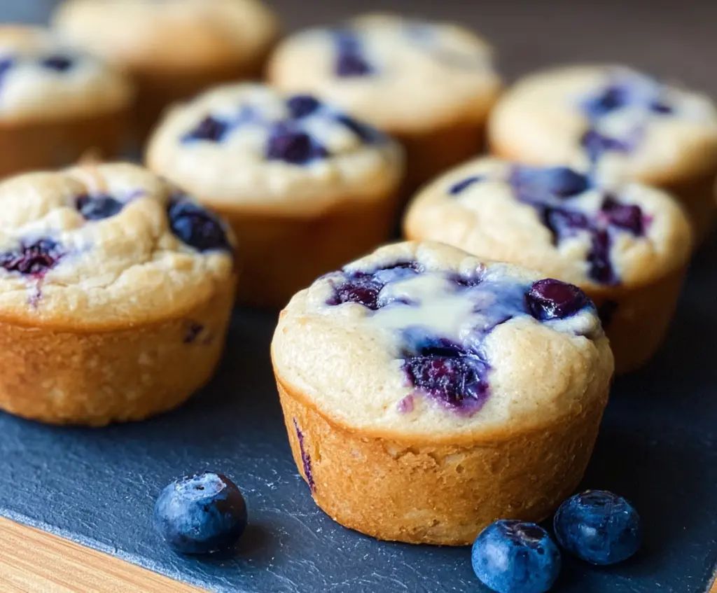 Freshly baked blueberry cream cheese protein muffins on a baking tray, highlighting their golden crust and blueberry filling.