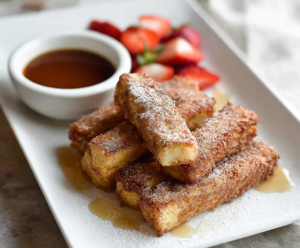 Delicious breakfast French toast sticks served with syrup and fresh berries.