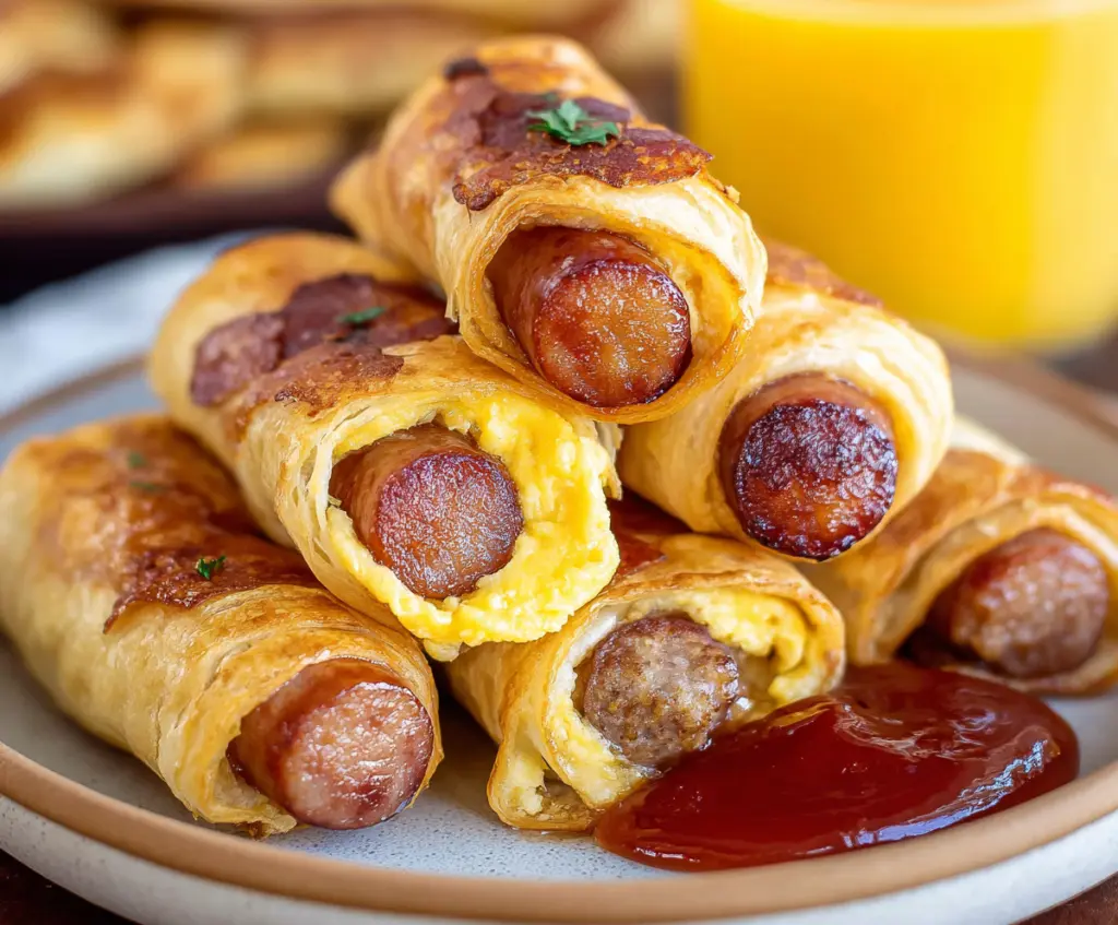 Delicious breakfast pigs in a blanket featuring sausage wrapped in flaky pastry served on a white plate.