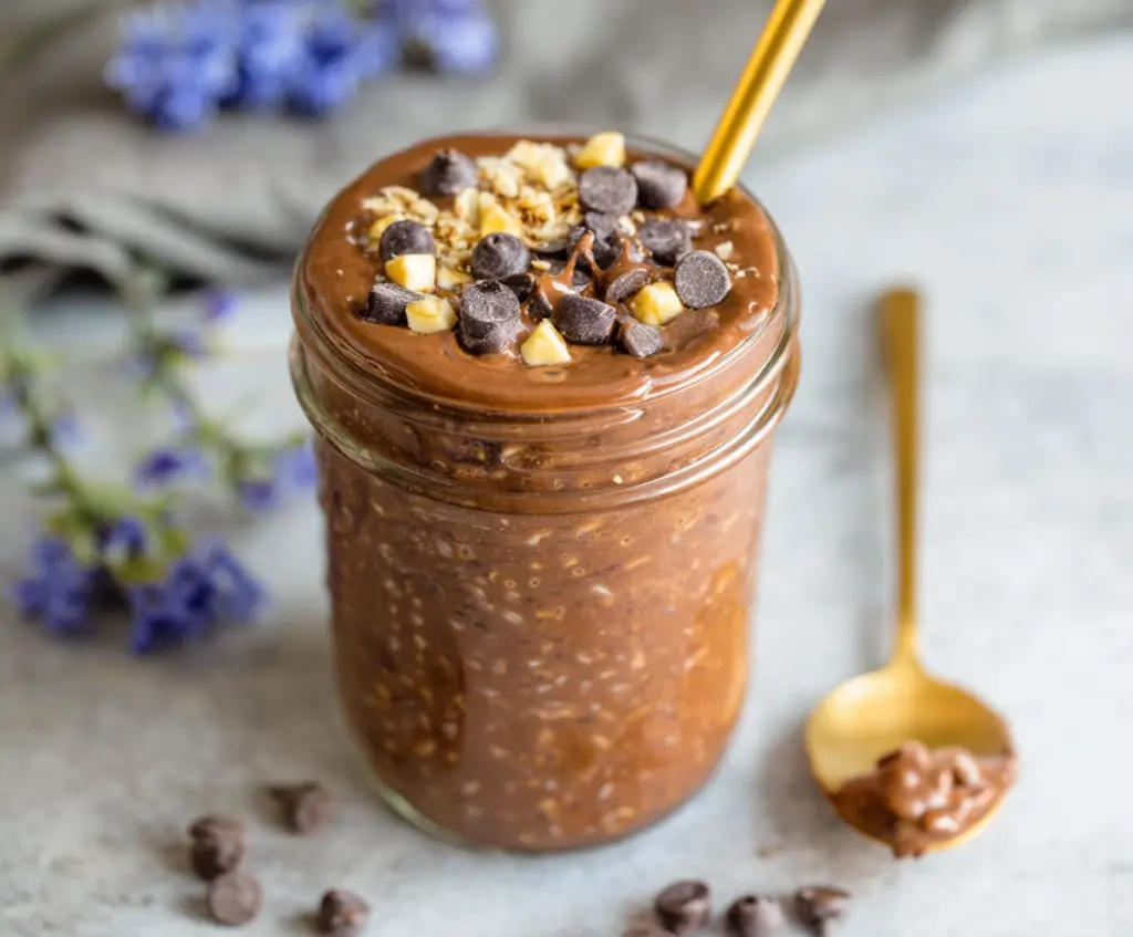 Creamy brownie batter overnight oats in a glass jar topped with chocolate shavings for a healthy breakfast idea.