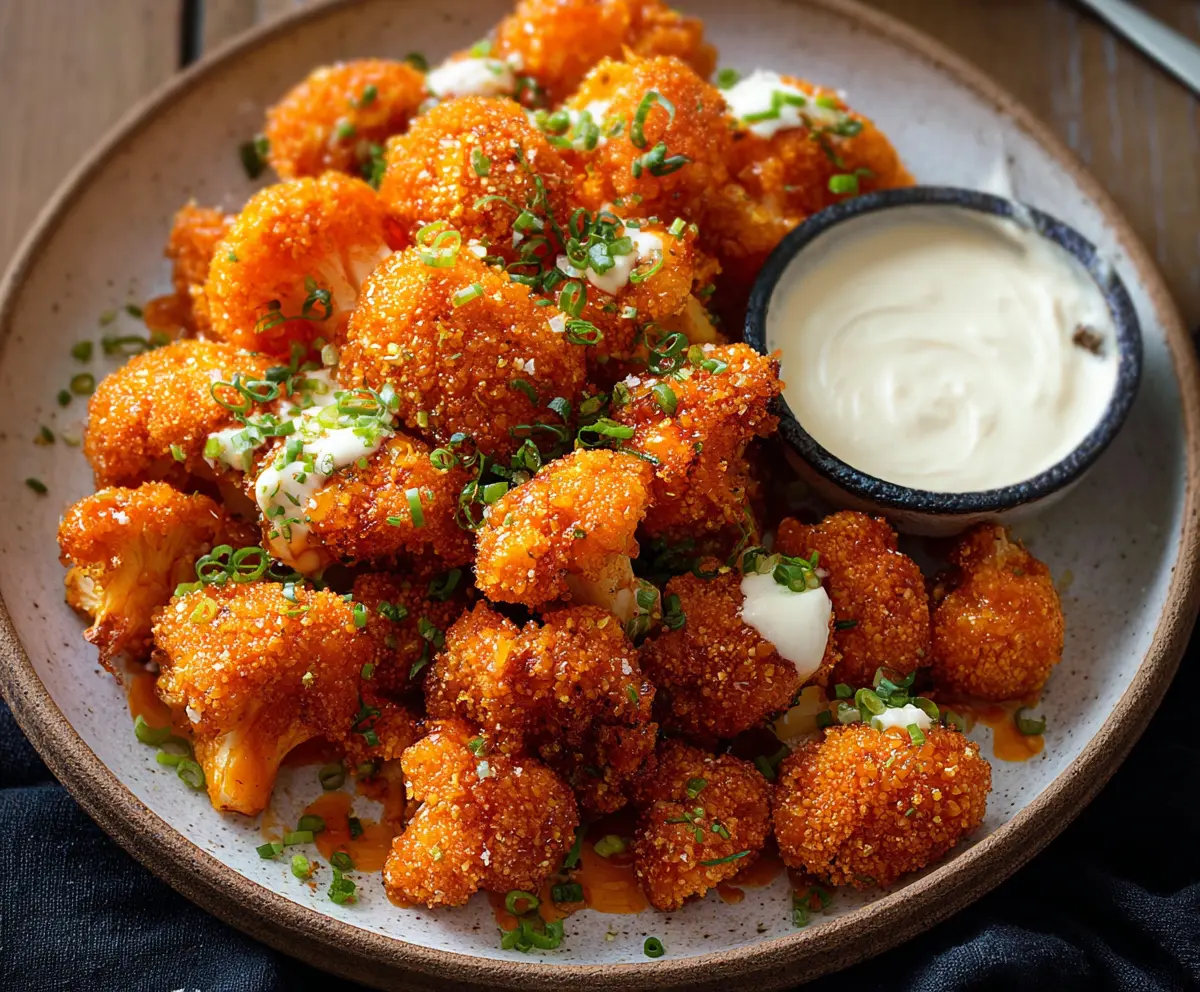 Crispy Buffalo Cauliflower Bites served with blue cheese dressing on a white plate.