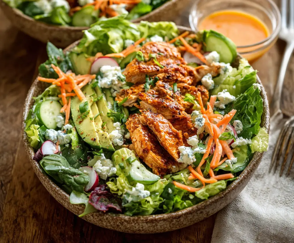 Creamy Buffalo Ranch Chicken Salad with fresh greens and crunchy vegetables.
