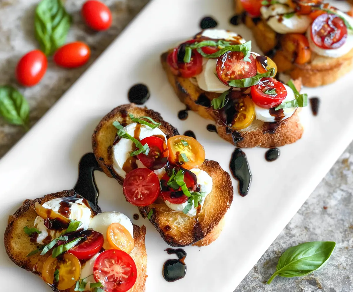 Delicious Caprese Crostini with fresh mozzarella, ripe tomatoes, and basil on toasted baguette slices.