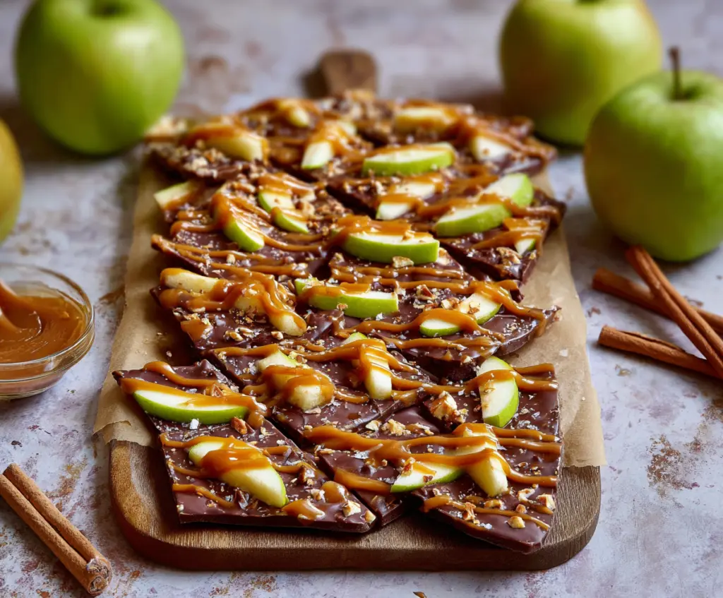 Delicious caramel apple bark topped with shiny caramel and crunchy apple pieces in a close-up shot.