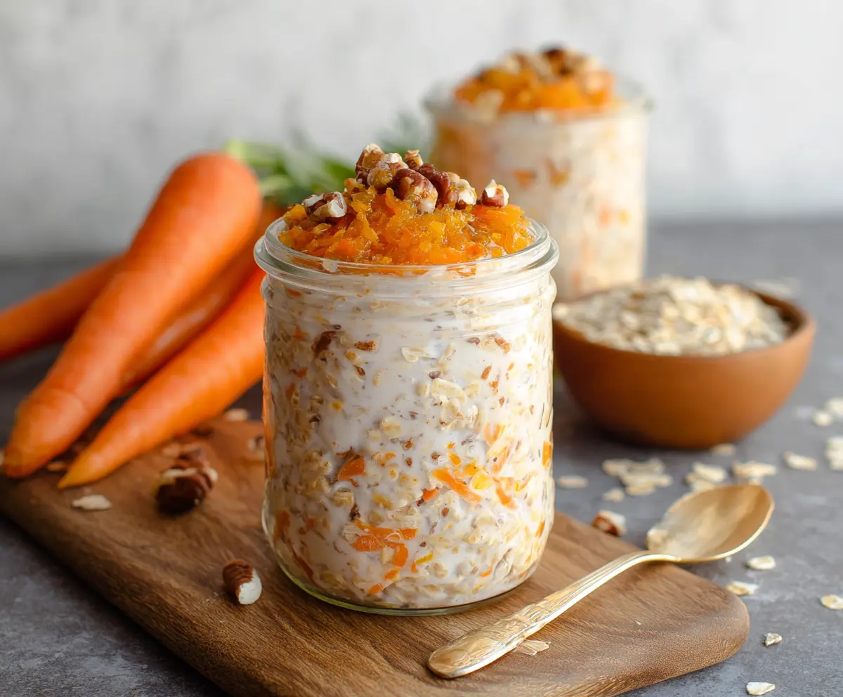 Healthy Carrot Cake Overnight Oats in a glass jar with shredded carrots and cinnamon