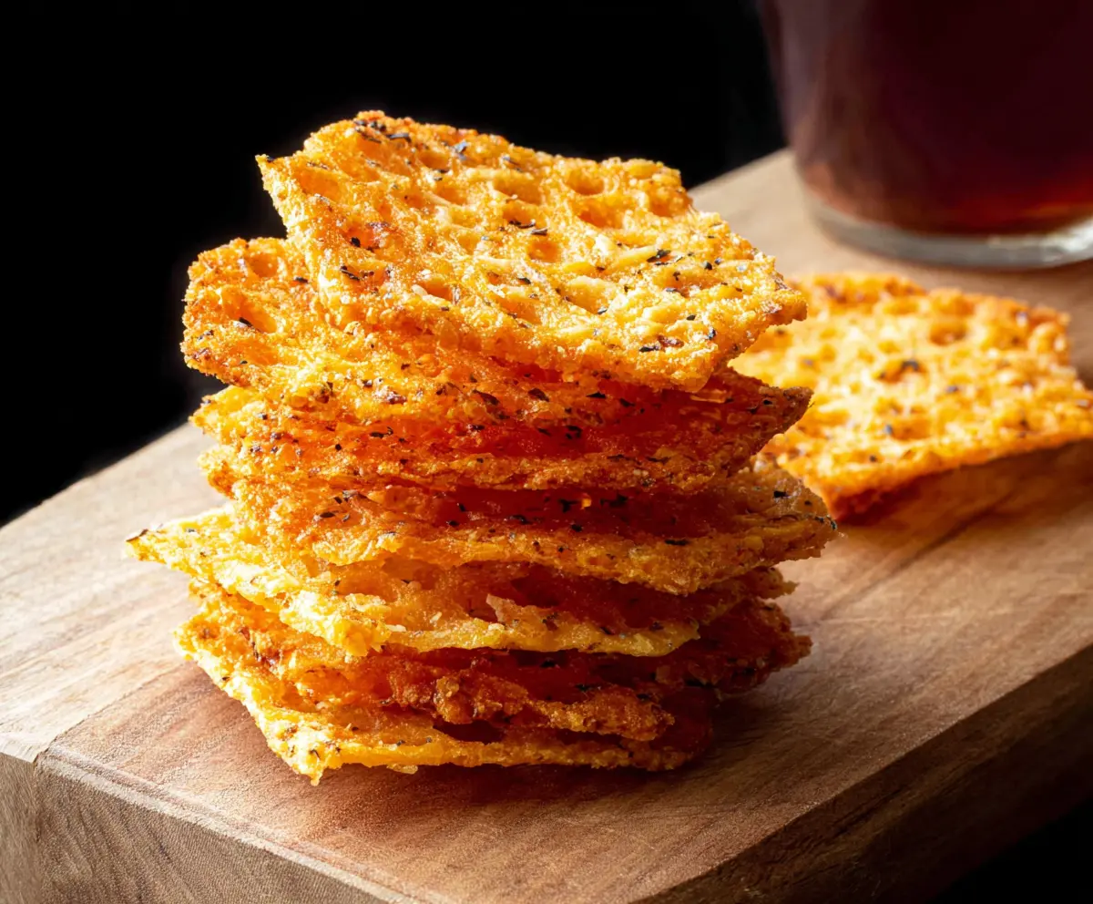 Delicious homemade cheddar cheese crisps with crispy golden edges, perfect as snacks or party appetizers.
