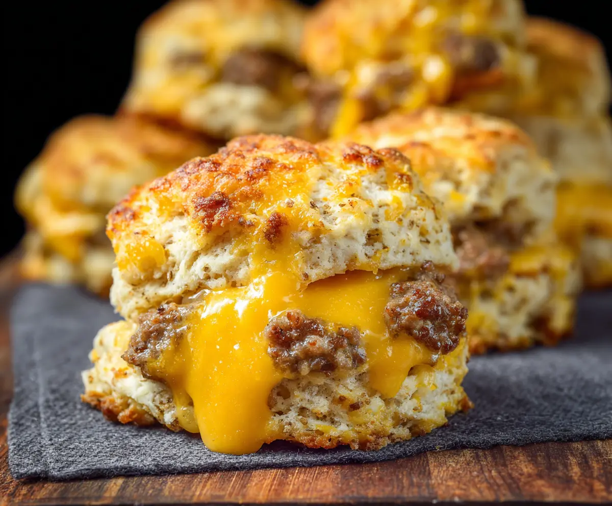 Delicious cheese and sausage biscuit fresh out of the oven, perfect for breakfast or brunch.