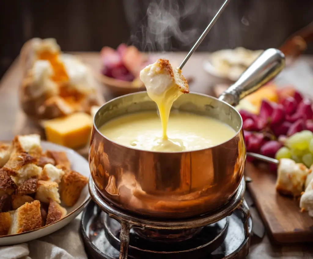 Delicious cheese fondue served with fresh bread and vegetables for dipping