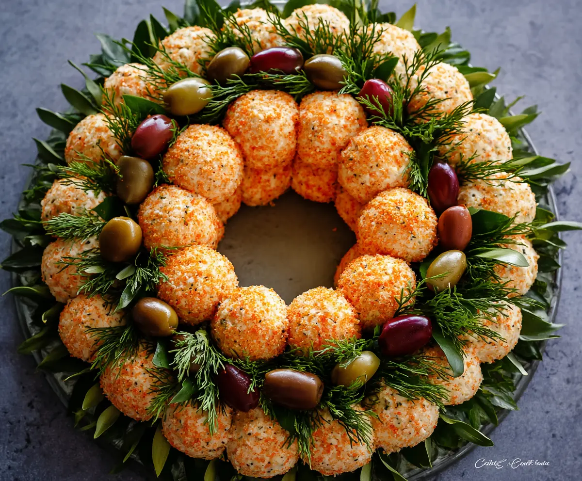 Cheeseball Wreath served as an appetizer with crackers and fresh herbs for a festive party presentation