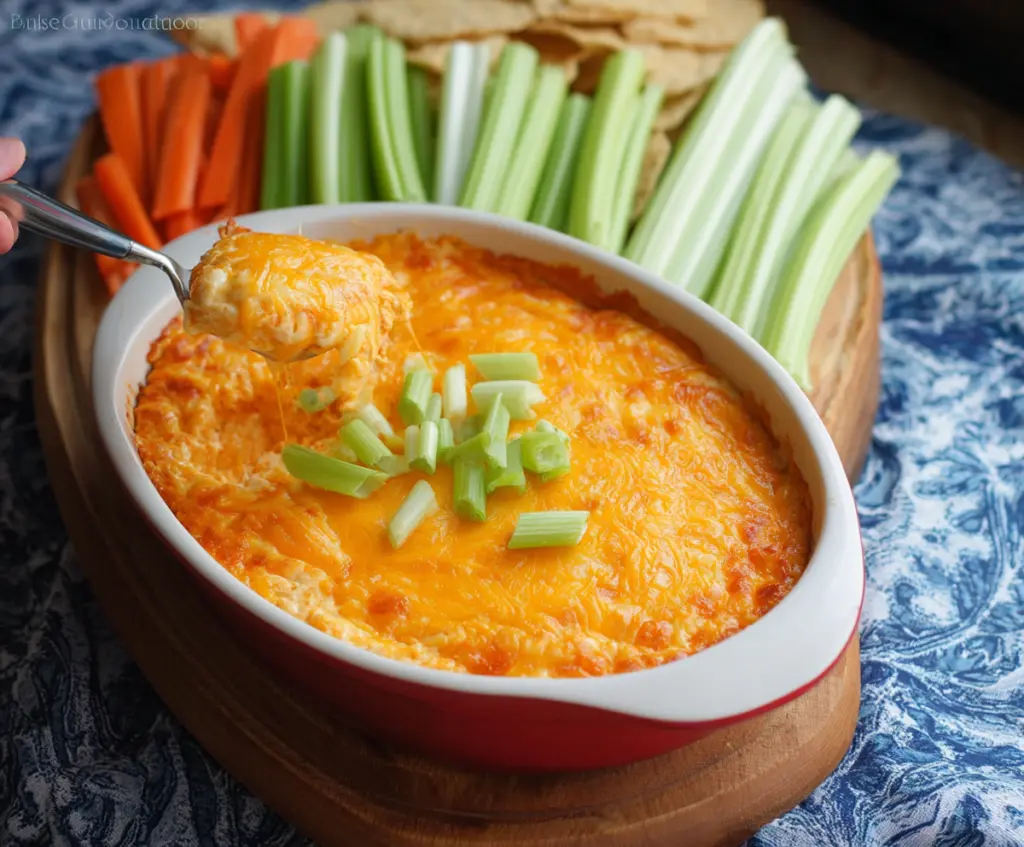 Delicious Cheesy Buffalo Chicken Dip with melted cheese and spicy buffalo flavor, perfect for parties.
