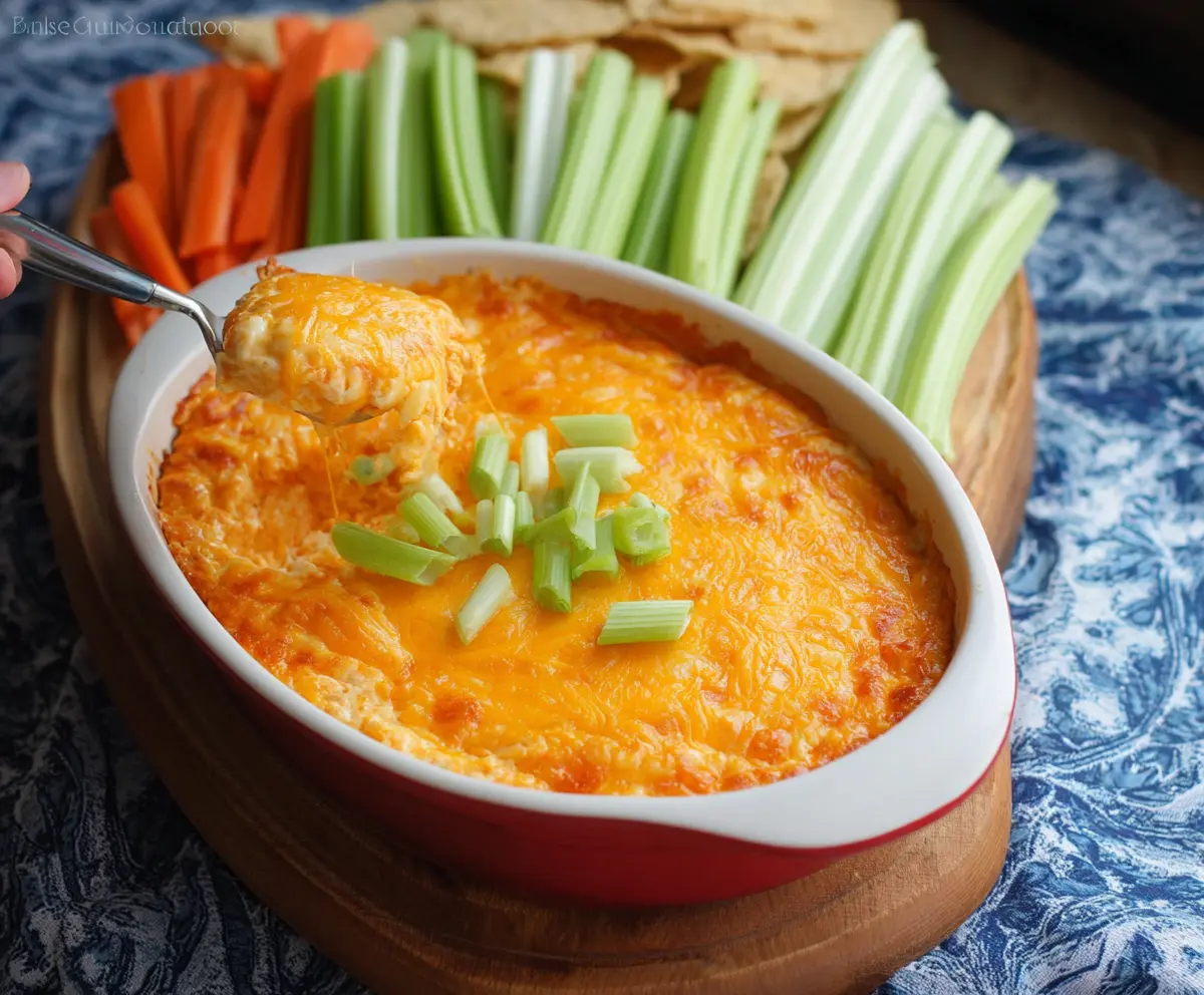 Delicious Cheesy Buffalo Chicken Dip with melted cheese and spicy buffalo flavor, perfect for parties.