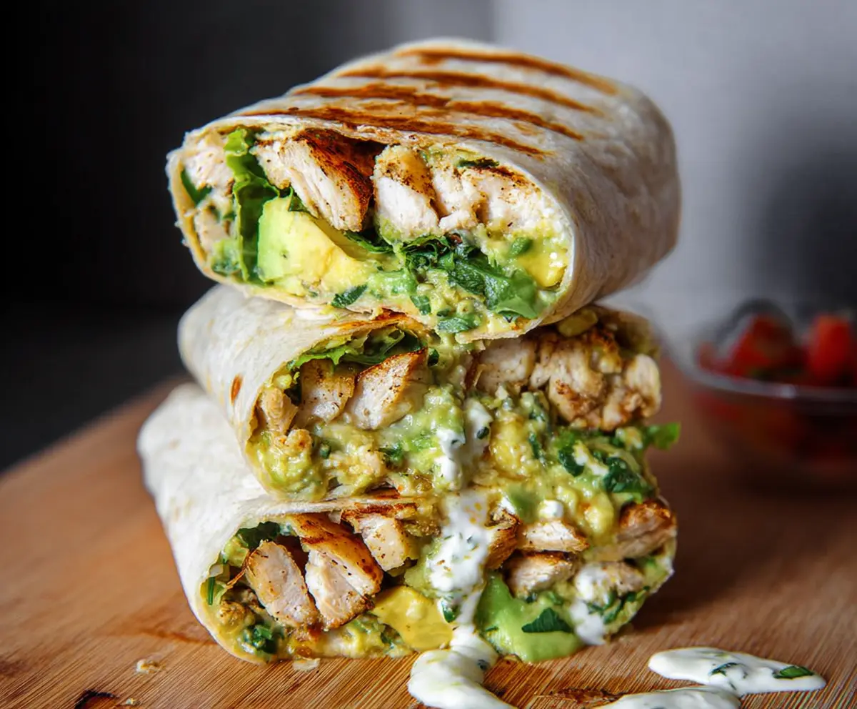 Delicious chicken and avocado burrito wrapped in a whole wheat tortilla, perfect for lunch or dinner.