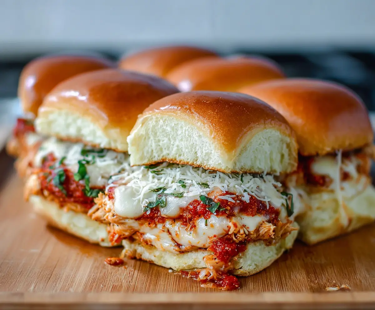 Delicious Chicken Parm Sliders topped with melted cheese and marinara sauce on a serving platter.