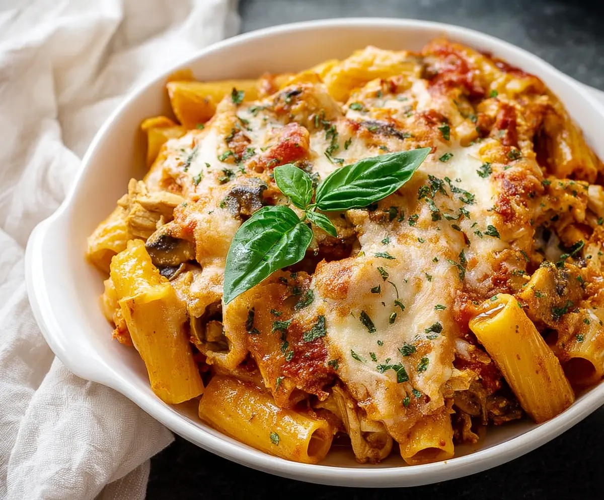 Delicious Chicken Rigatoni Pasta Bake in a baking dish with melted cheese and herbs.