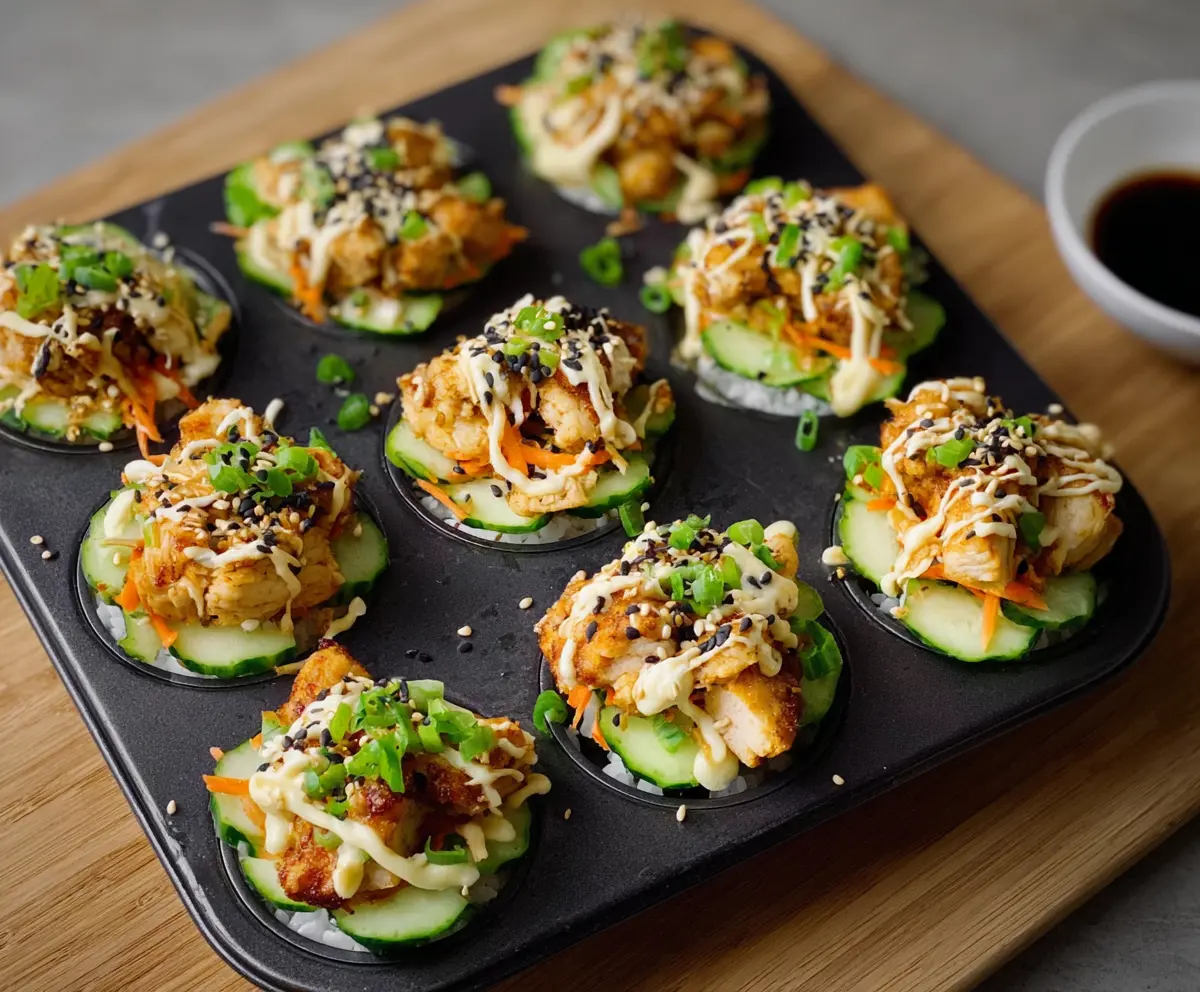 Delicious chicken sushi cups with fresh ingredients and colorful presentation