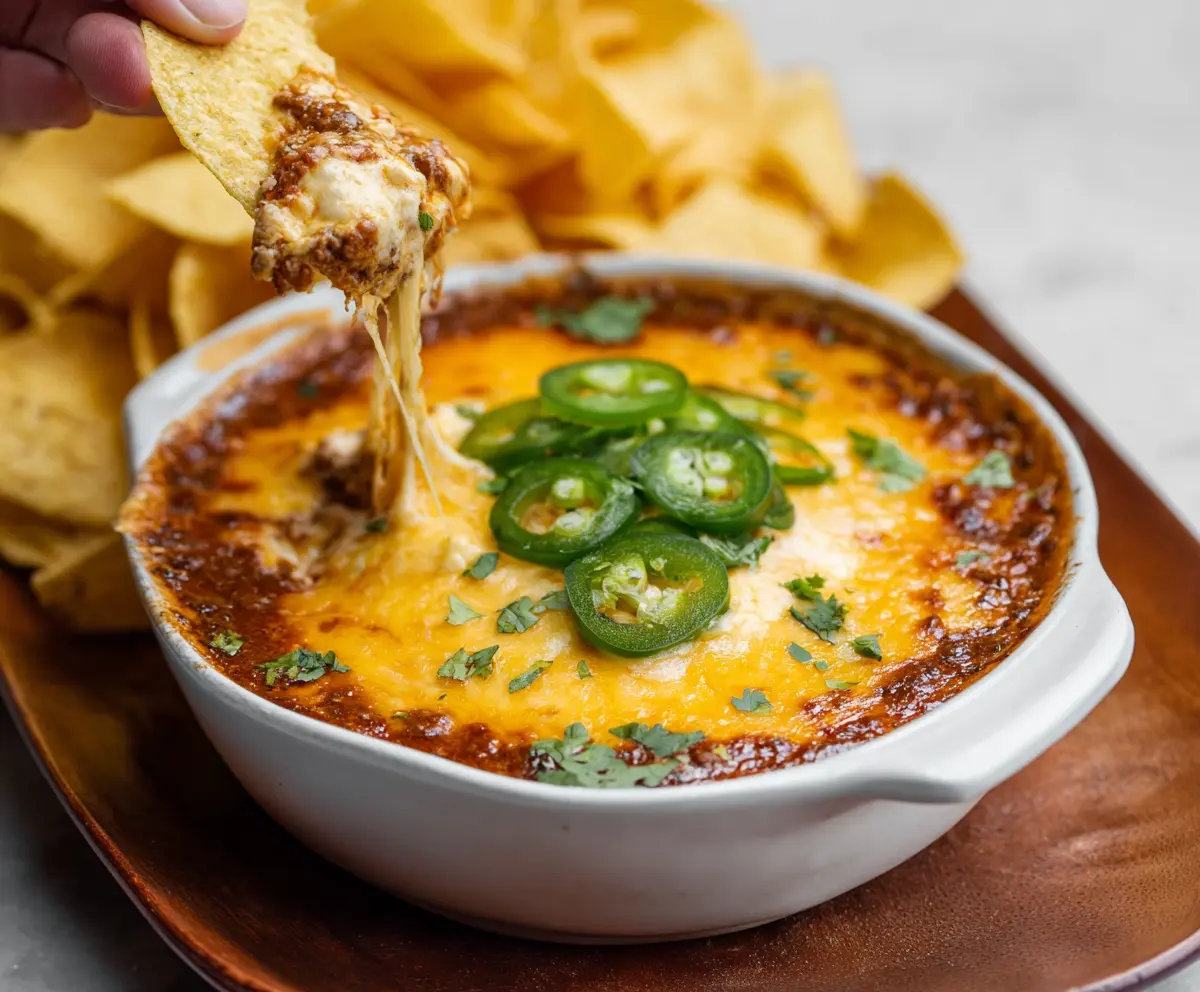 Delicious spicy chili cheese dip served with tortilla chips on a festive table.