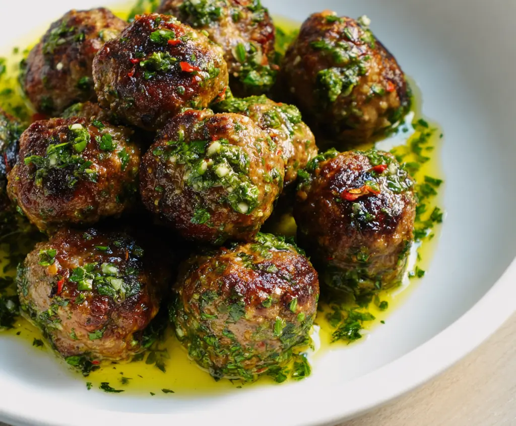 Delicious Chimichurri Meatballs served with fresh herbs and vibrant sauce