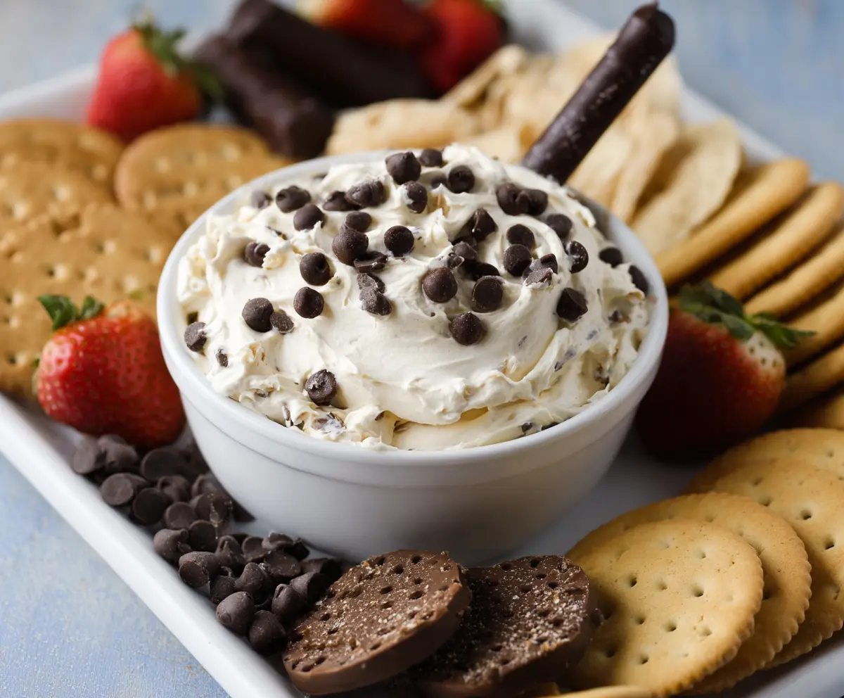 Cream cheese chocolate chip dip served with fresh fruits and graham crackers.