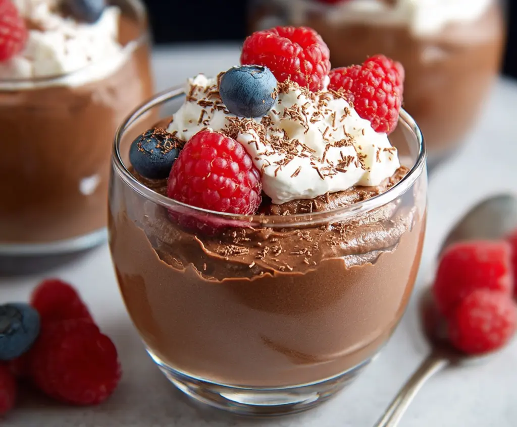 Creamy chocolate protein pudding served in a bowl, perfect for a healthy dessert snack.