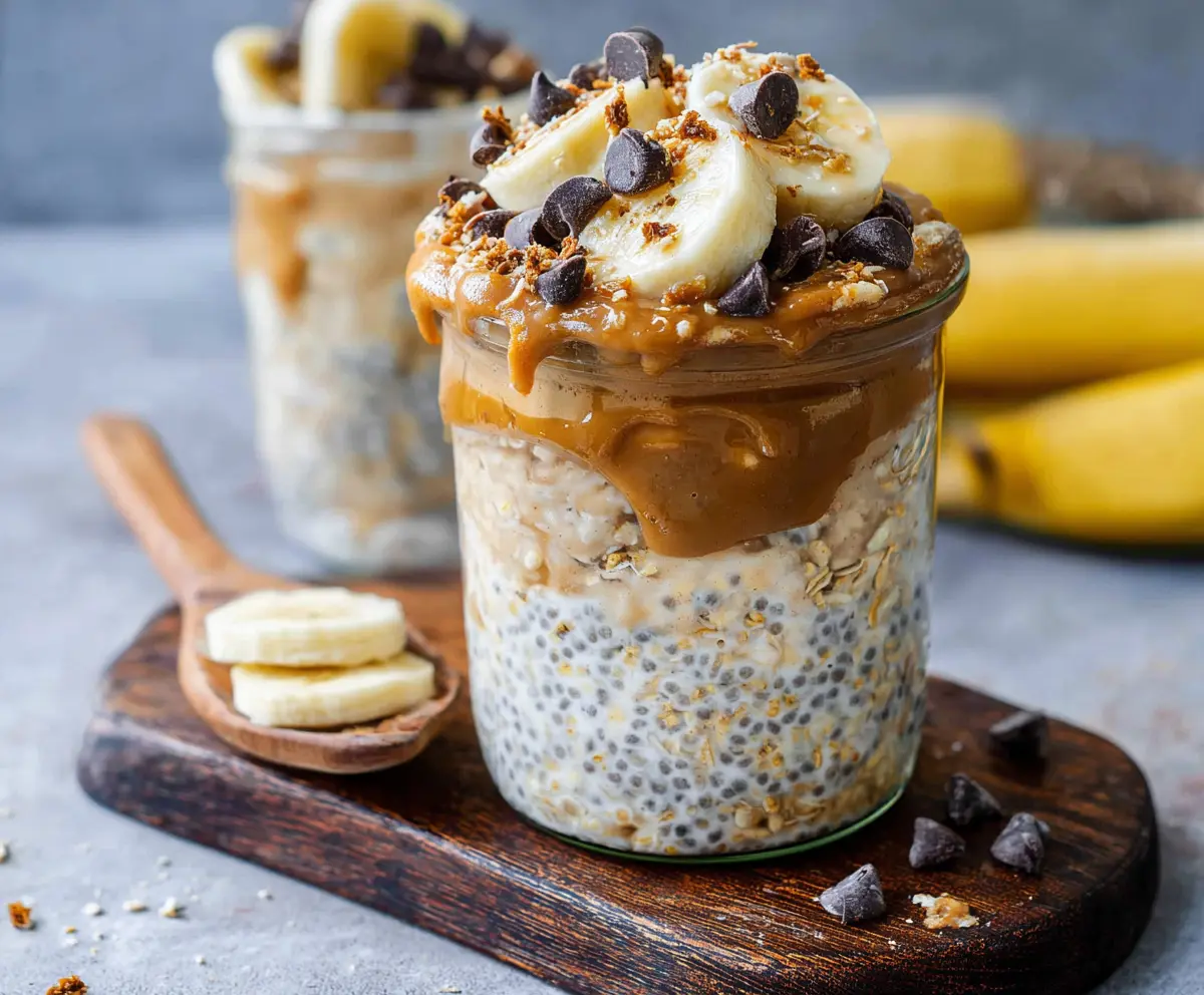 Creamy Chunky Monkey Overnight Oats with bananas, walnuts, and chocolate chips in a jar.