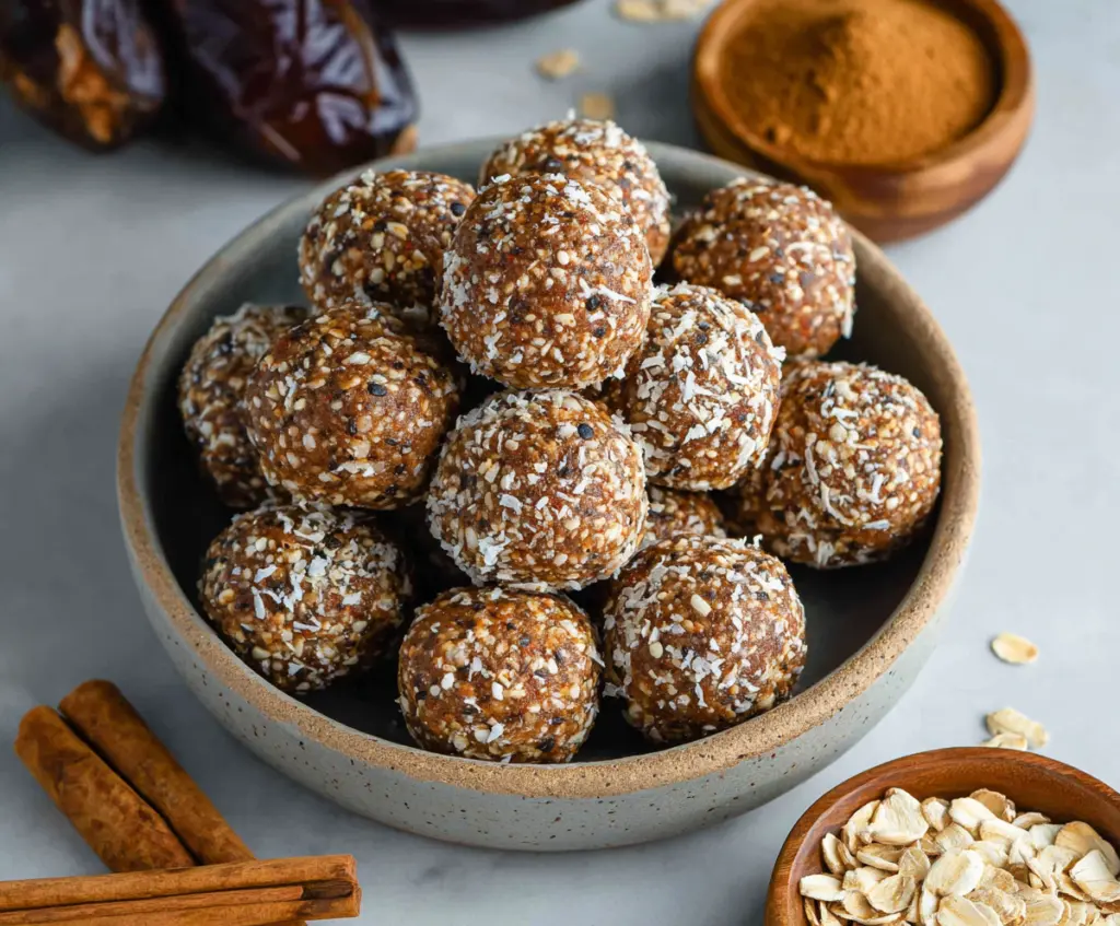 Delicious Cinnamon Roll Energy Bites on a plate, perfect for a healthy snack.