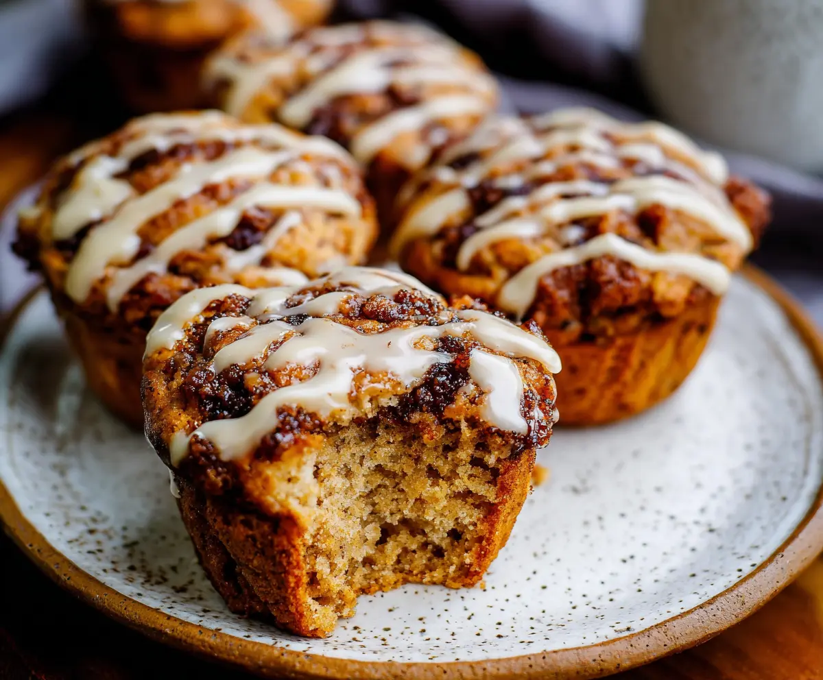 Delicious cinnamon roll protein muffins on a plate, showcasing their soft texture and cinnamon swirl topping.