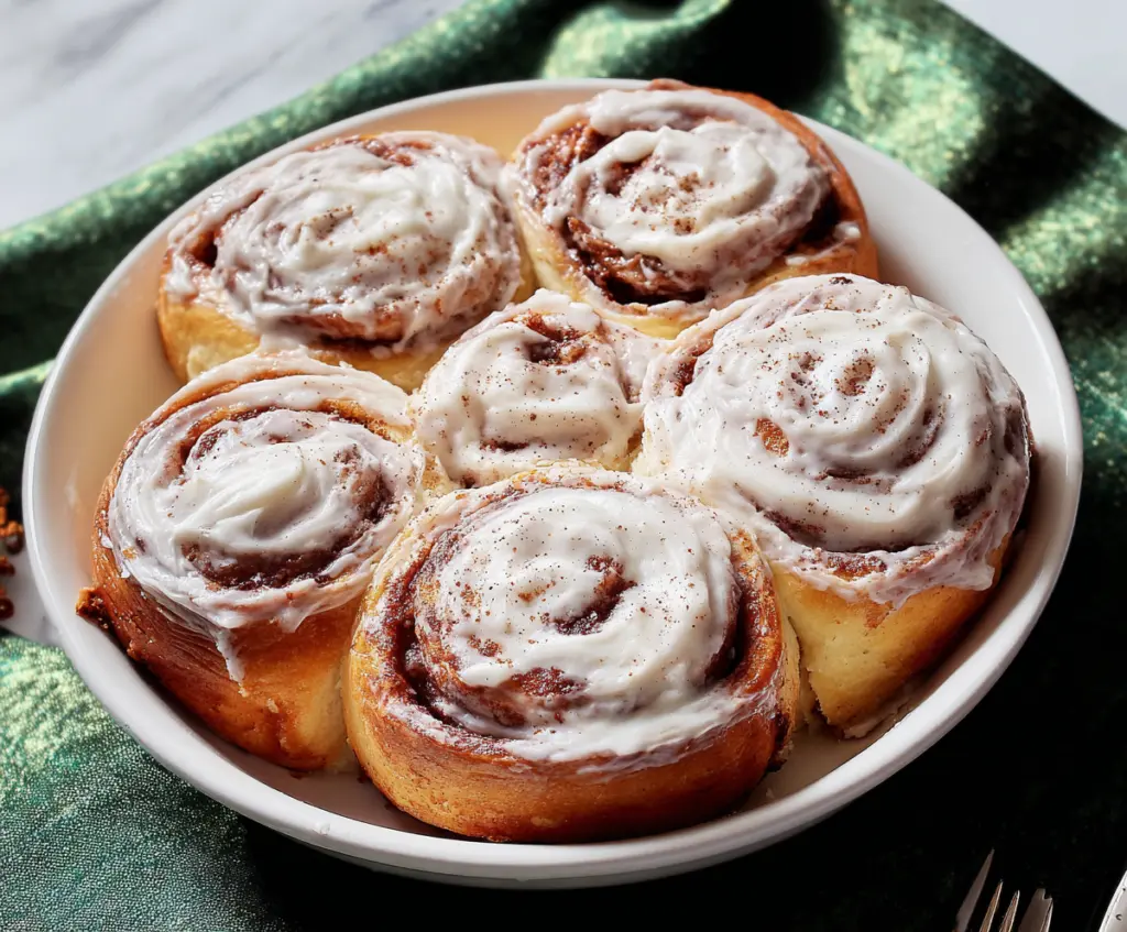 Delicious cinnamon rolls topped with creamy cream cheese frosting on a baking tray.