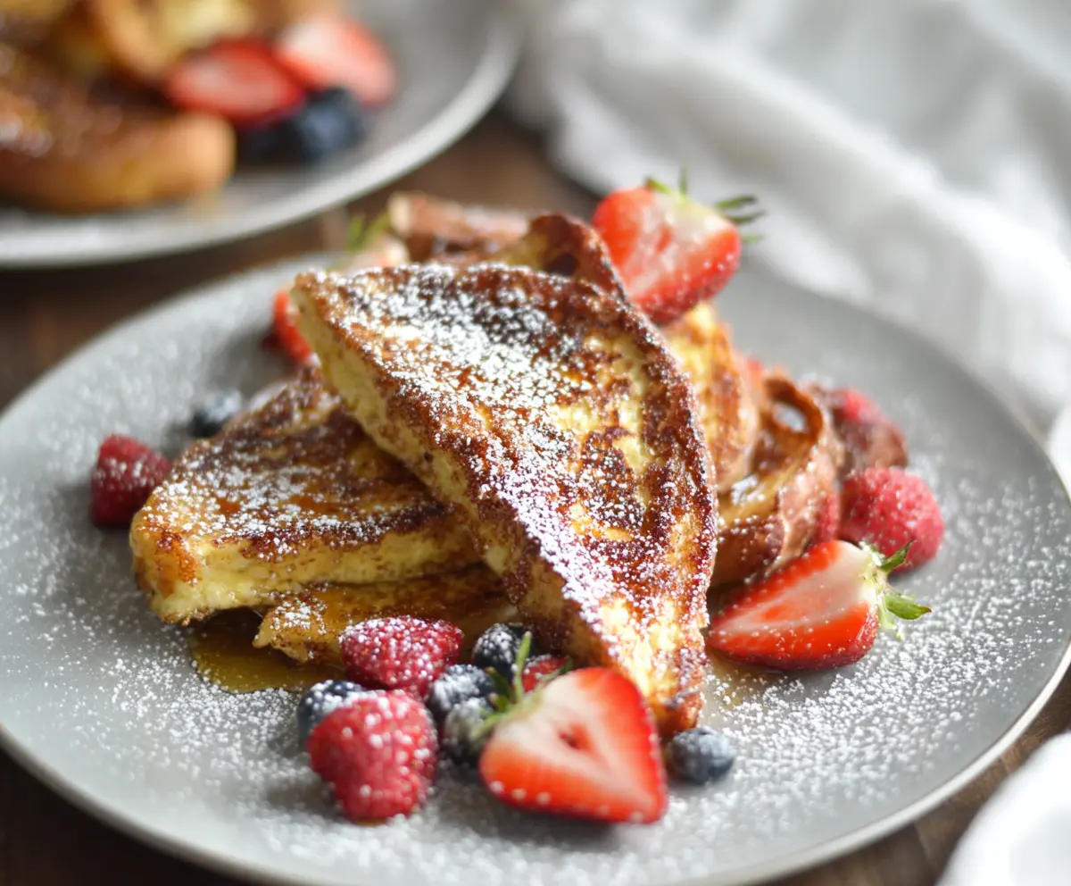 Golden cinnamon sugar French toast topped with powdered sugar on a breakfast plate.