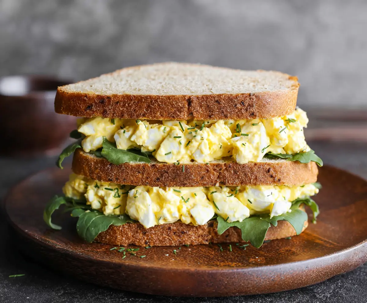 Delicious classic egg salad sandwich on whole wheat bread with fresh greens