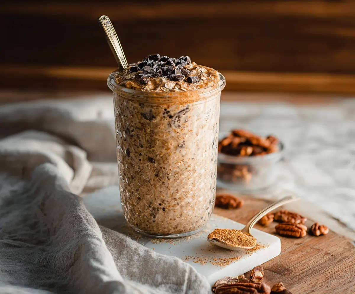 Creamy Coffee Cake Overnight Oats in a glass jar with a sprinkle of cinnamon and nuts on top.