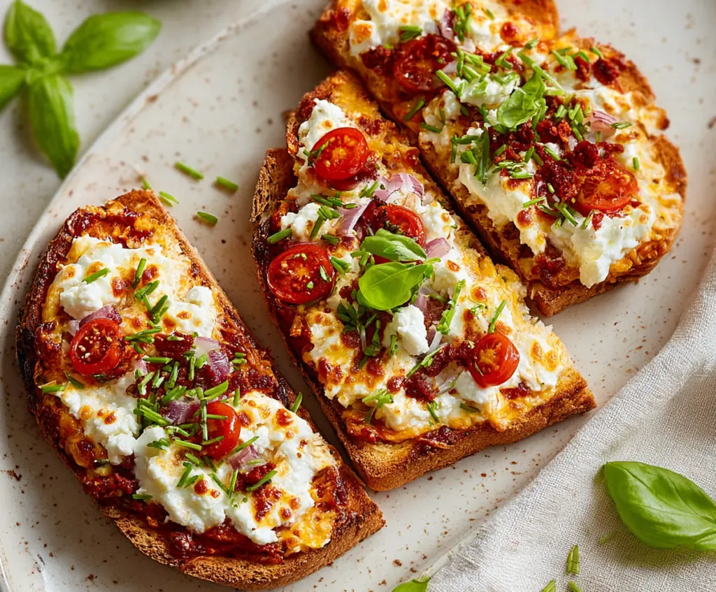 Delicious cottage cheese pizza toast with melted cheese and fresh toppings on golden bread